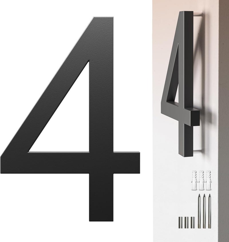Etpon 7 Inch Black House Number 4 for Outside – Modern Floating Address Numbers, Weather-Resistant Metal, Easy to Install, Large Size, Stylish 3D Effect for Home, Office, and Street - Image 1